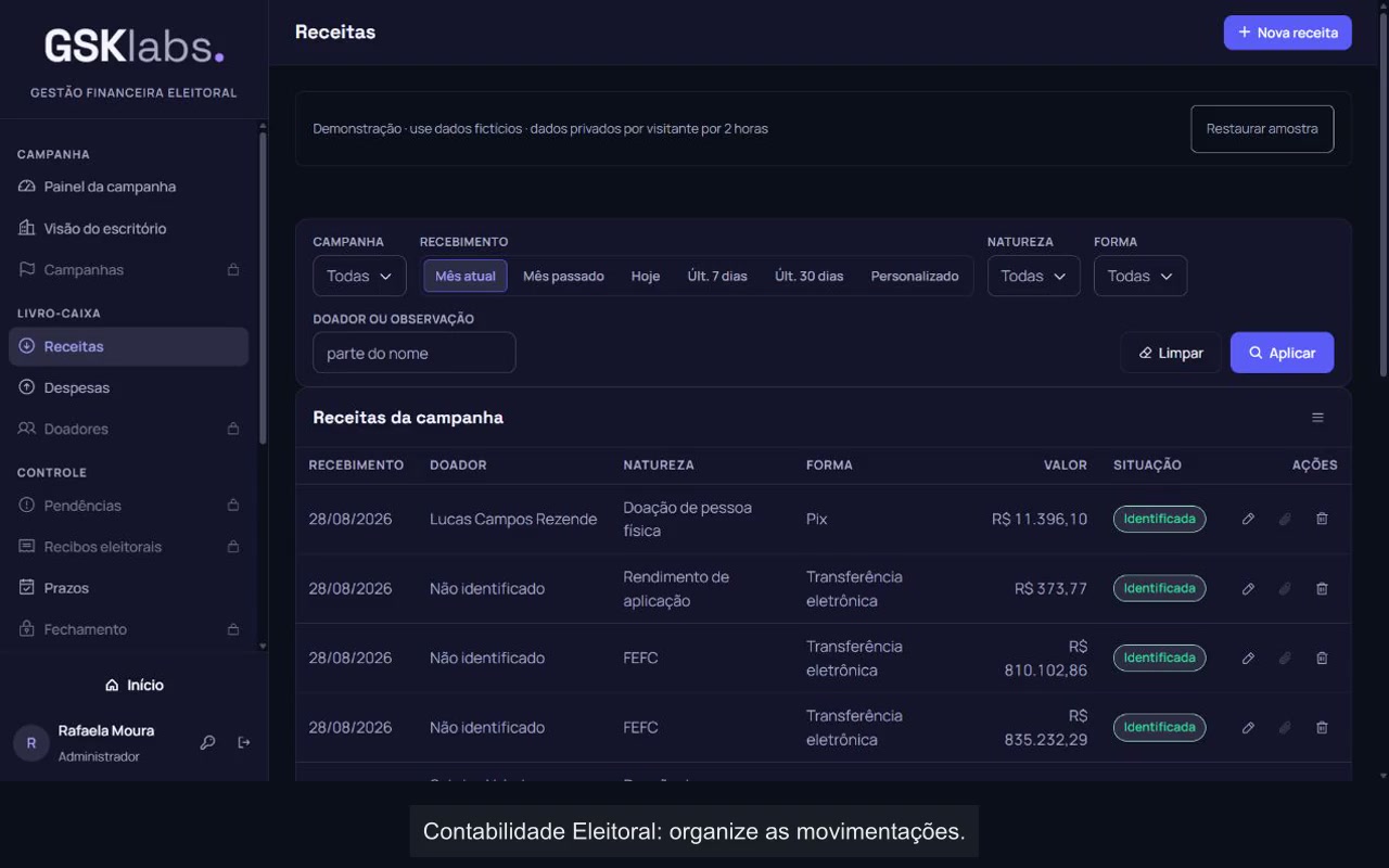 Tela inicial escura da demonstração de Contabilidade Eleitoral