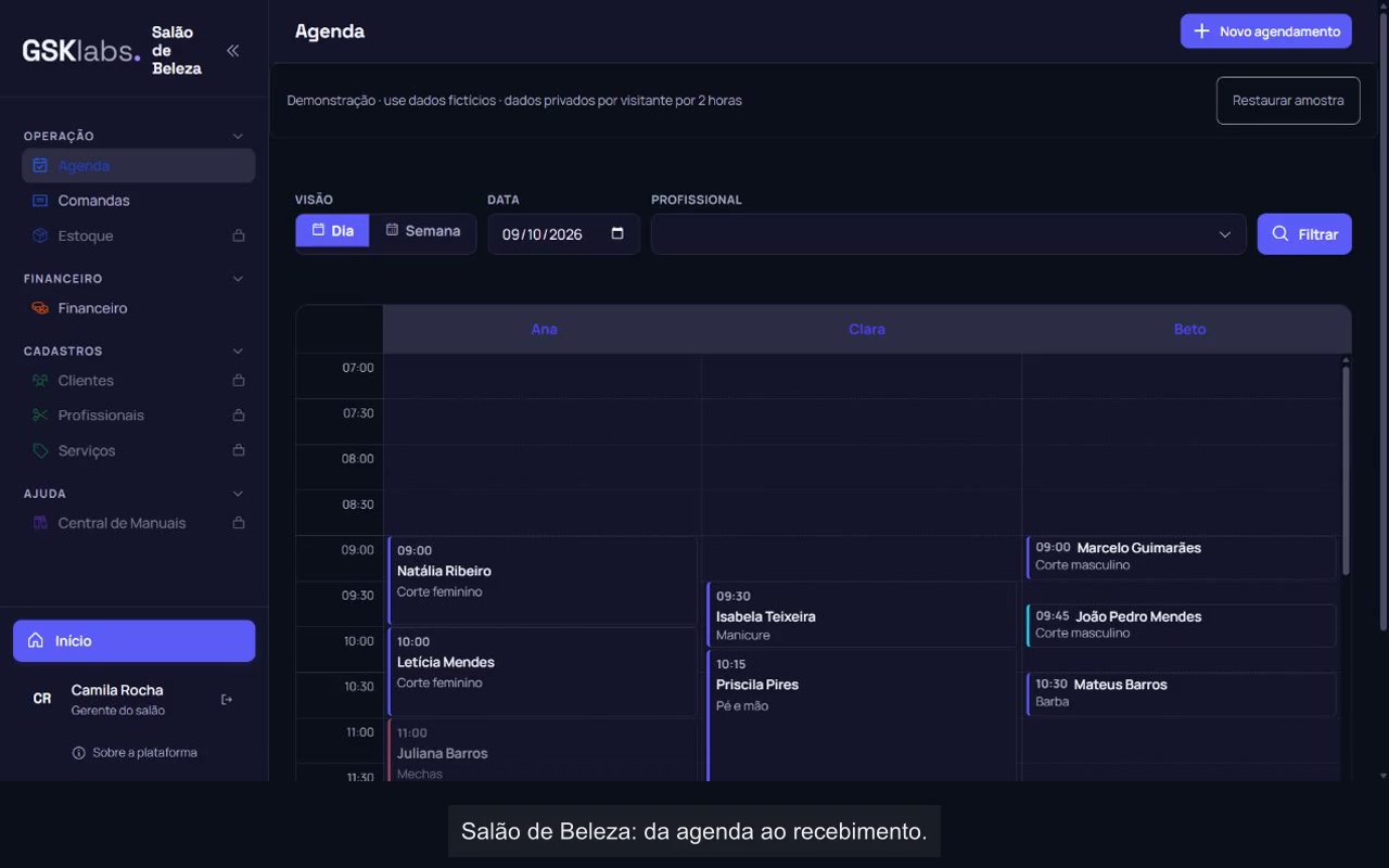 Tela inicial escura da demonstração de Gestão para Salão de Beleza