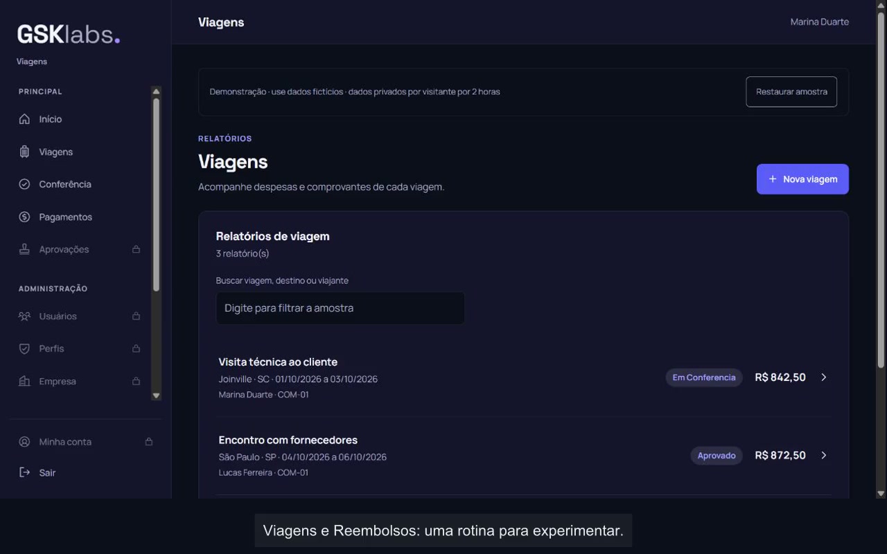 Tela inicial escura da demonstração de Viagens e Reembolsos