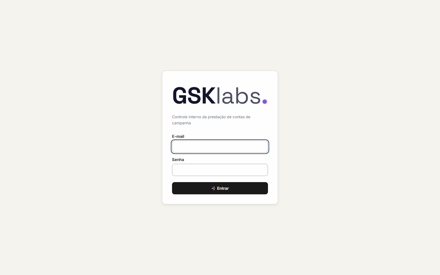 Tela Login do sistema Contabilidade Eleitoral da GSK Labs