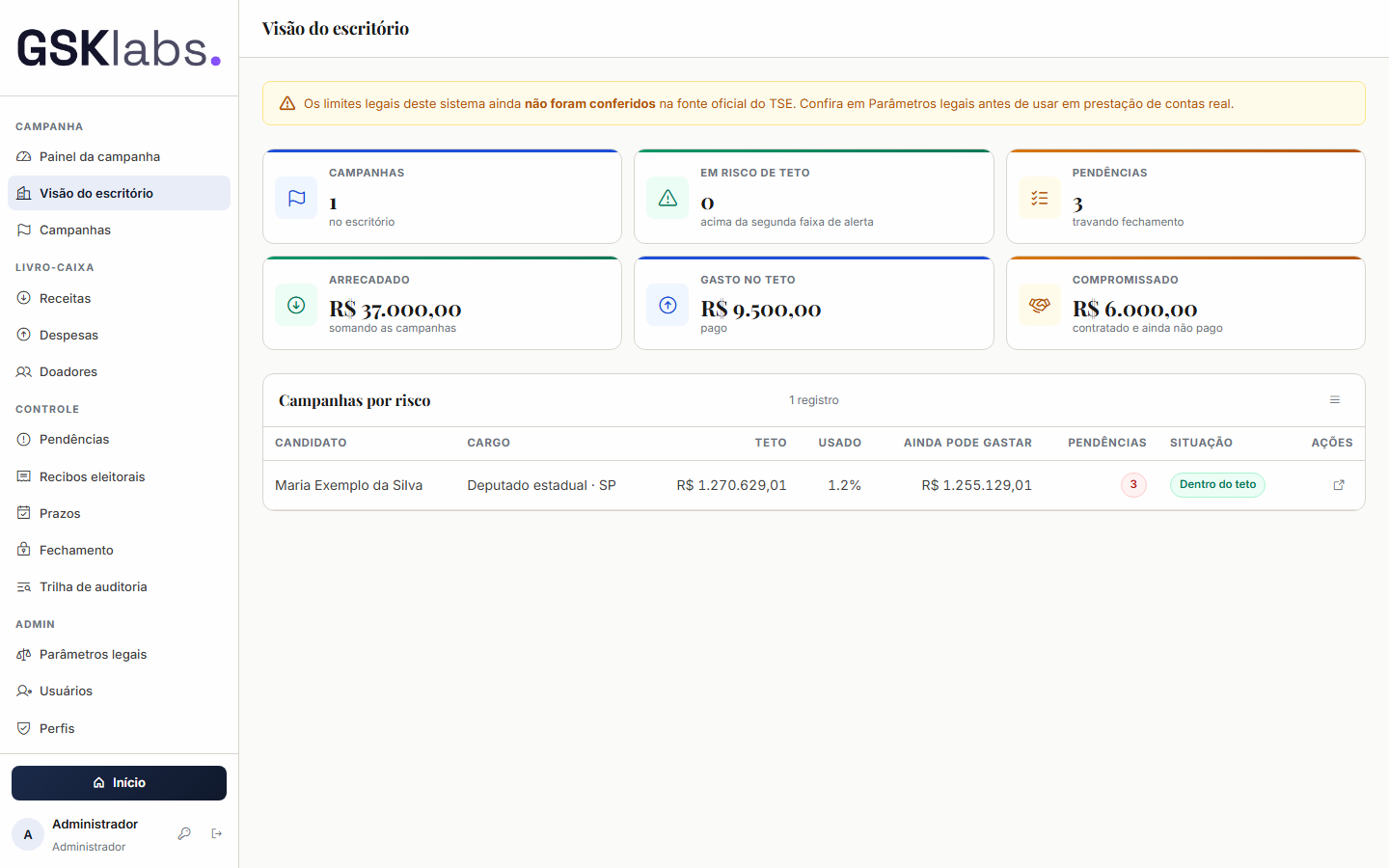 Tela Visão do escritório do sistema Contabilidade Eleitoral da GSK Labs