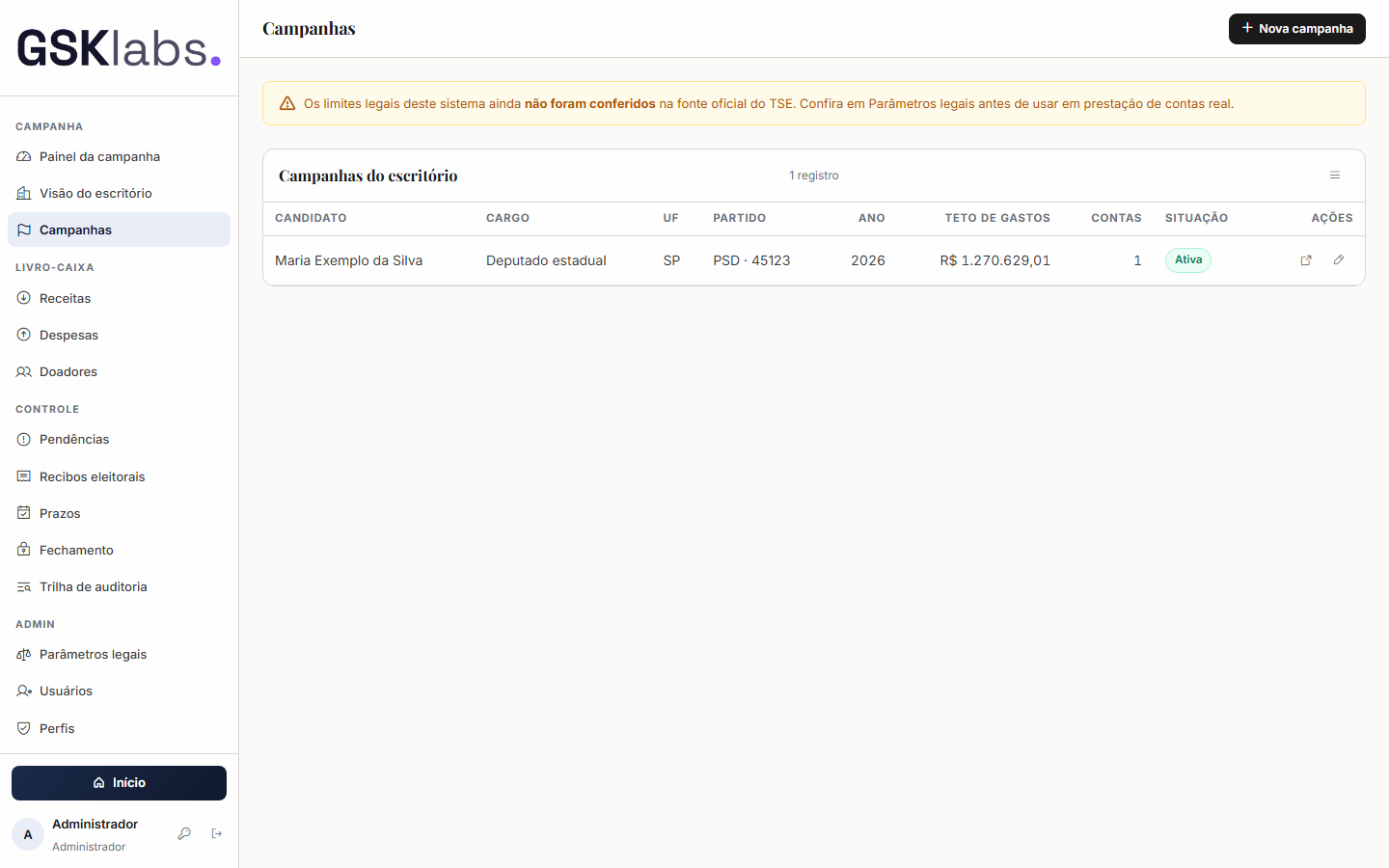 Tela Campanhas do sistema Contabilidade Eleitoral da GSK Labs