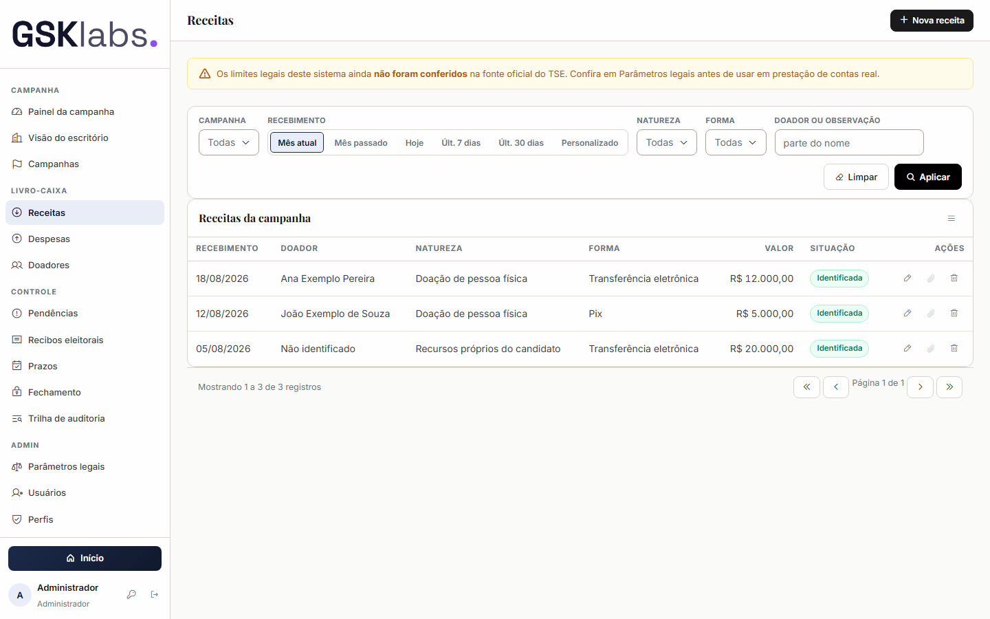 Tela Receitas do sistema Contabilidade Eleitoral da GSK Labs