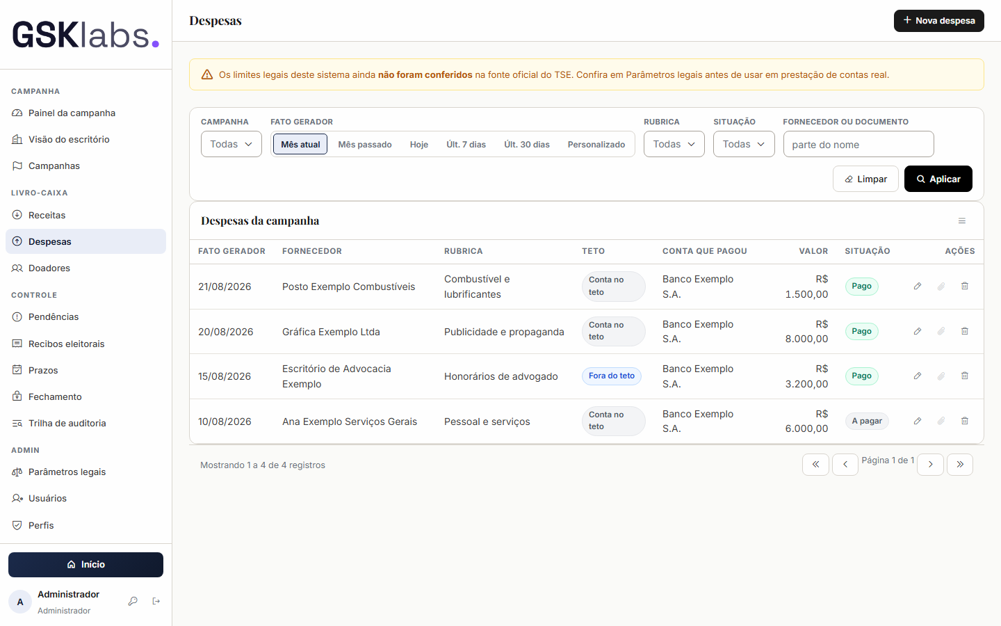 Tela Despesas do sistema Contabilidade Eleitoral da GSK Labs