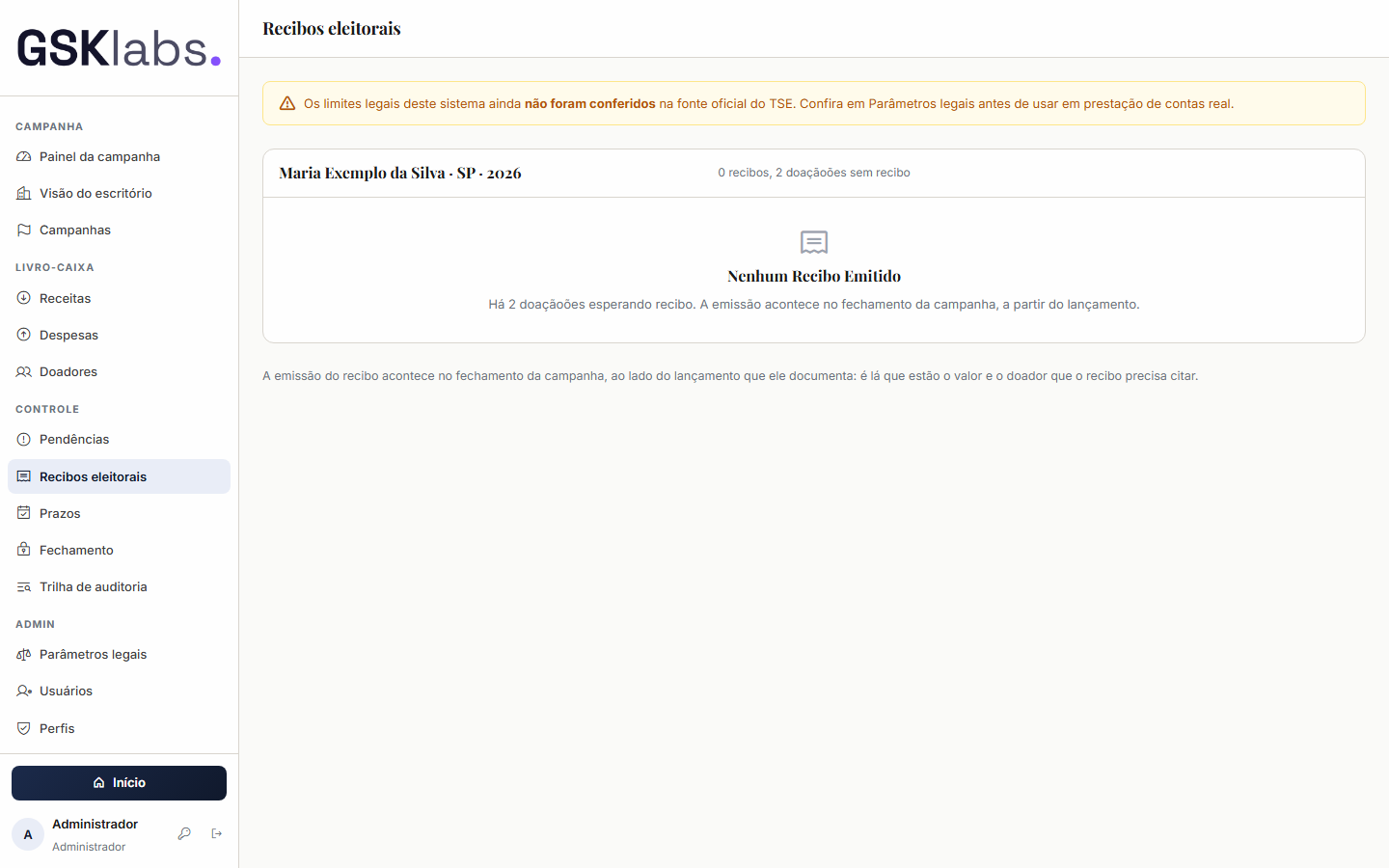 Tela Recibos eleitorais do sistema Contabilidade Eleitoral da GSK Labs