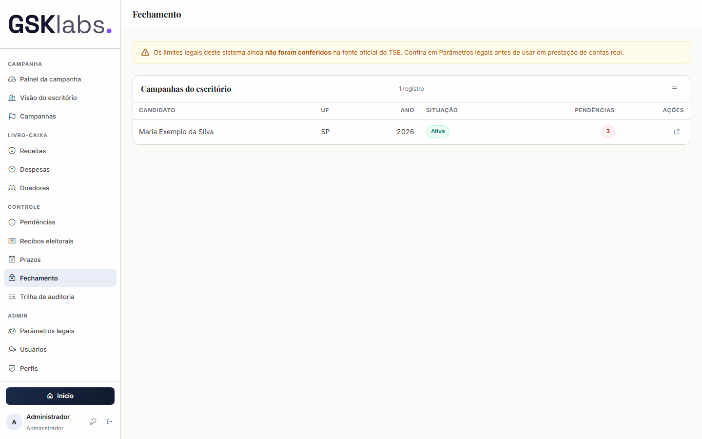 Tela Fechamento do sistema Contabilidade Eleitoral da GSK Labs