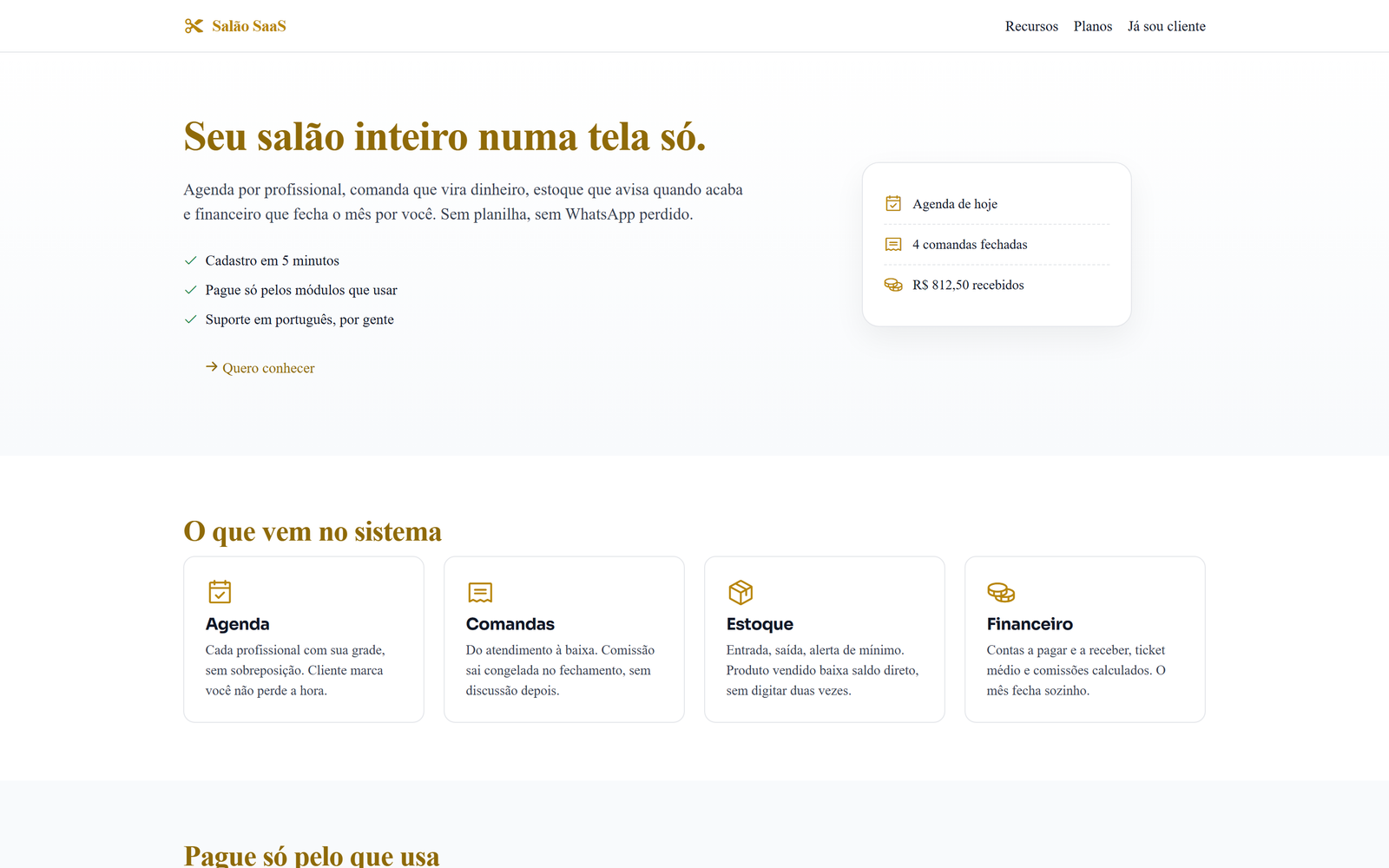 Tela Página inicial do sistema para salão de beleza da GSK Labs