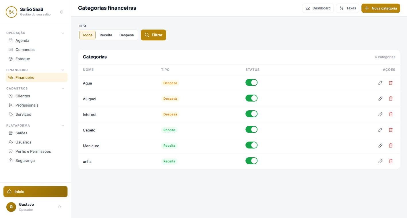 Tela Financeiro: categorias do sistema para salão de beleza da GSK Labs