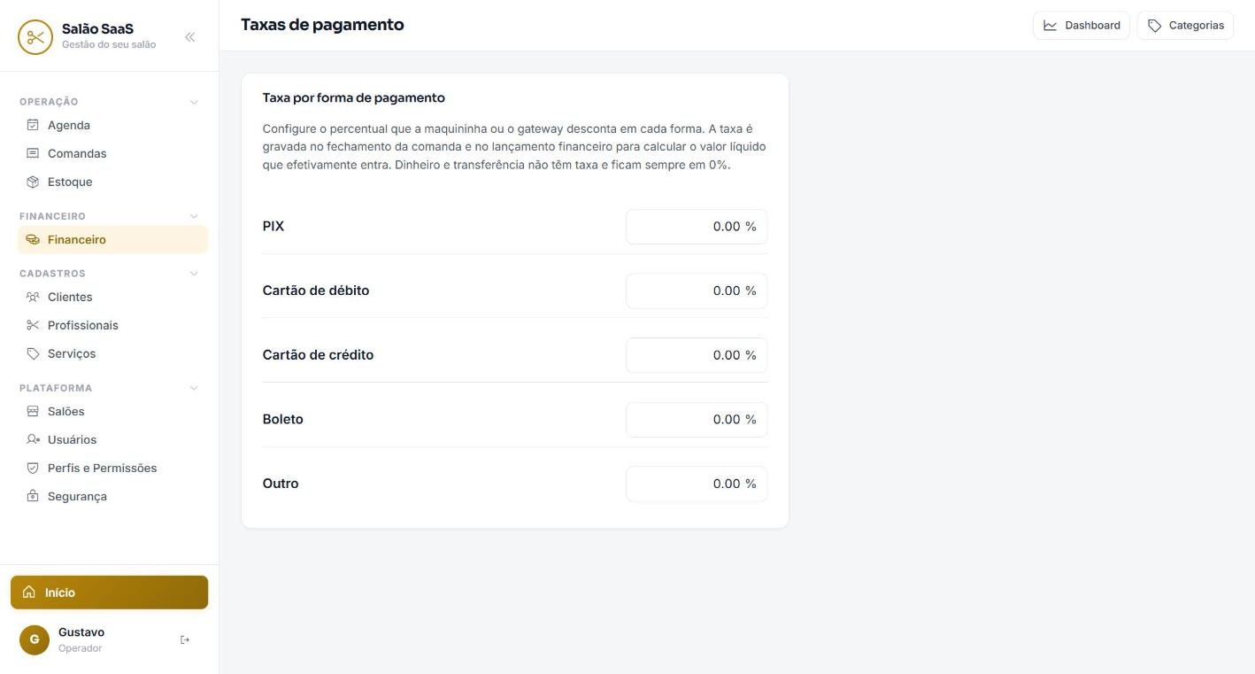 Tela Financeiro: taxas do sistema para salão de beleza da GSK Labs