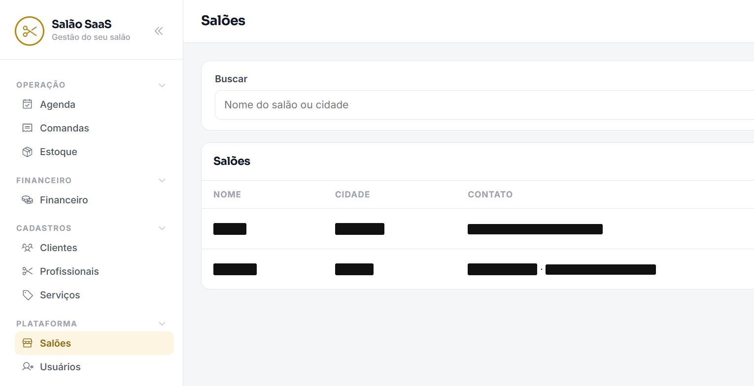 Tela Admin: salões do sistema para salão de beleza da GSK Labs