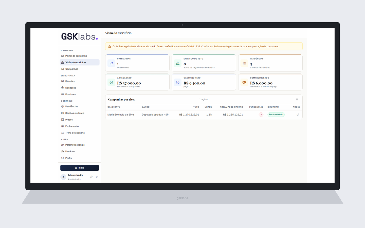 Visão do escritório no sistema Contabilidade Eleitoral da GSK Labs, listando campanhas e pendências