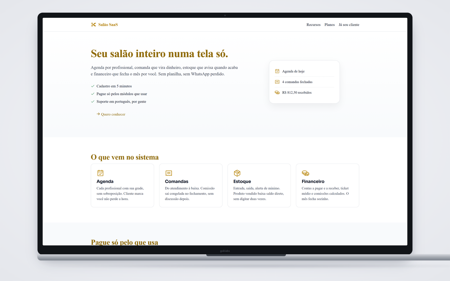 Tela inicial do sistema para salão de beleza da GSK Labs, com agenda, atendimento e financeiro